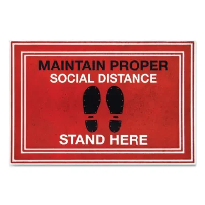 Apache Mills® Message Floor Mats, "Maintain Social Distance Stand Here", Red/Black, 24" x 36"