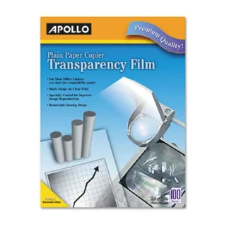 Apollo® Plain Paper Laser Transparency Film with Handling Strip, Black on Clear, 100 Sheets, 8.5" x 11"