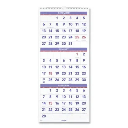 AT-A-GLANCE® Deluxe Three-Month Reference Wall Calendar, Vertical Orientation, 12 x 27, White Sheets, 14-Month: Dec 2024 to Jan 2026