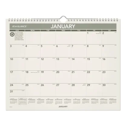 AT-A-GLANCE® Recycled Wall Calendar, 12-Month (Jan to Dec), 2025, Sand/Green, 15 x 12, Unruled Blocks