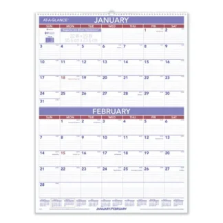 AT-A-GLANCE® Two-Month Wall Calendar, 22 x 29, White/Blue/Red Sheets, 12-Month (Jan to Dec): 2025
