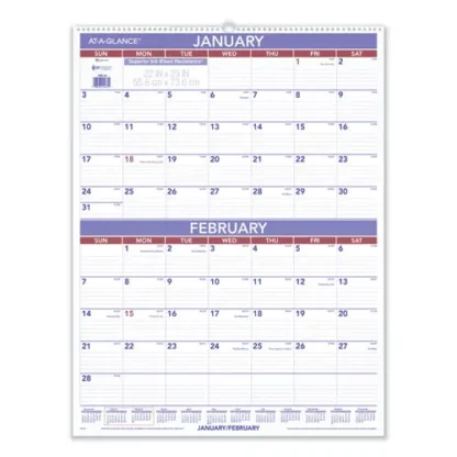 AT-A-GLANCE® Two-Month Wall Calendar, 22 x 29, White/Blue/Red Sheets, 12-Month (Jan to Dec): 2025