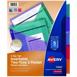 Avery® Big Tab Insertable Two-Pocket Plastic Dividers, 5-Tab, Assorted