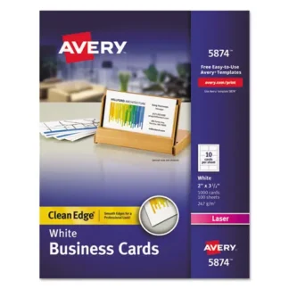 Avery® Clean Edge Business Cards, Laser, White, 1,000 Cards, 10 Cards/Sheet, 100 Sheets/Box