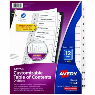 Avery® Customizable Table of Contents Ready Index Black and White Dividers, 12-Tab, 1 to 12, 11 x 8.5, White, 6 Sets
