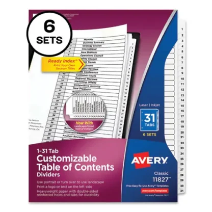 Avery® Customizable Table of Contents Ready Index Black and White Dividers, 31-Tab, 1 to 31, White, 6 Sets