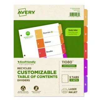 Avery® Customizable Table of Contents Ready Index Dividers, 5-Tab, 1-5, Multicolor Tabs, 11" x 8.5", White, 3 Sets