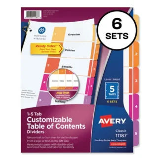 Avery® Customizable TOC Ready Index Multicolor Tab Dividers, 5-Tab, 1 to 5, White, 6 Sets