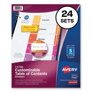 Avery® Customizable TOC Ready Index Multicolor Tab Dividers, 5-Tab, 1 to 5, White, 24 Sets