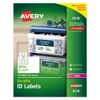Avery® Durable Permanent ID Labels with TrueBlock® Technology, Laser Printers, 2 x 2.63, White, 15/Sheet, 50 Sheets/Pack