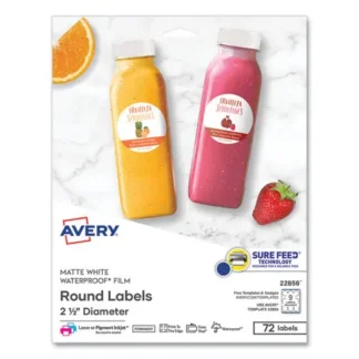 Avery® Durable White ID Labels w/ Sure Feed, 2.5" dia, White, 72/Pk