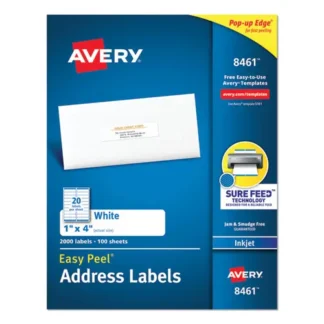 Avery® Easy Peel White Address Labels w/ Sure Feed Technology, Inkjet Printers, 1 x 4, White, 20/Sheet, 100 Sheets/Box