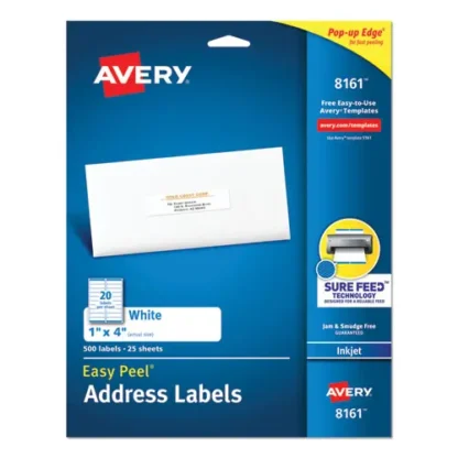 Avery® Easy Peel White Address Labels with Sure Feed Technology, 1 x 4, Inkjet Printers, White, 500 Labels (20/Sheet, 25 Sheets)