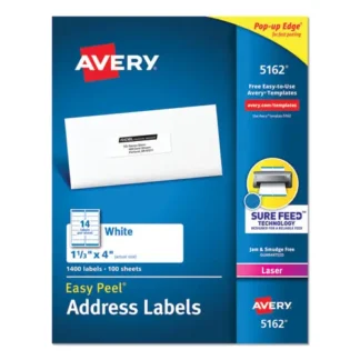Avery® Easy Peel White Address Labels with Sure Feed Technology for Laser Printers, 1.33 x 4, White, 14 Labels/Sheet, 100 Sheets/Box