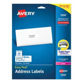 Avery® Easy Peel White Address Labels with Sure Feed Technology, 1 x 2.63, 30 Labels/Sheet, 25 Sheets/Pack