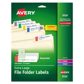 Avery® Extra-Large TrueBlock® File Folder Labels with Sure Feed® Technology, White, 0.94 x 3.44, 18/Sheet, 25 Sheets/Pack