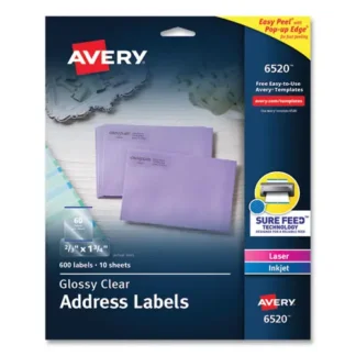 Avery® Glossy Clear Easy Peel Mailing Labels w/ Sure Feed Technology for Inkjet/Laser Printers, 60 Labels/Sheet, 10 Sheets/Pack