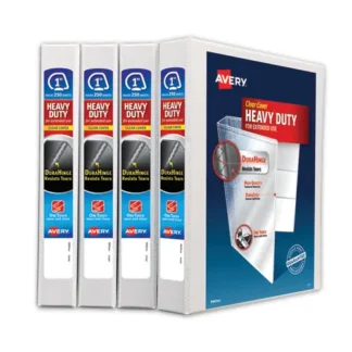 Avery® Heavy-Duty Non Stick View Binder with DuraHinge and Slant Rings, 3 Rings, 1" Capacity, White, 4/Pack