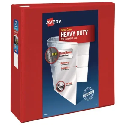 Avery® Heavy-Duty View Binder with DuraHinge and Locking One Touch EZD Rings, 3 Rings, 4" Capacity, 11 x 8.5, Red