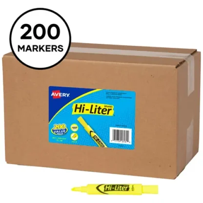 Avery® HI-LITER Desk-Style Highlighters, Fluorescent Yellow Ink, Chisel Tip, Yellow/Black Barrel, 200/Box