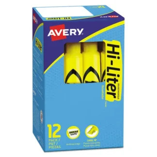 Avery® HI-LITER Desk-Style Highlighters, Yellow Ink, Chisel Tip, Yellow/Black Barrel, Dozen