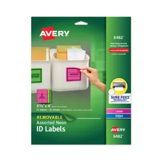 Avery® High-Vis Removable Laser/Inkjet ID Labels with Sure Feed, Neon, 3.33 x 4, 72 Labels/Pack