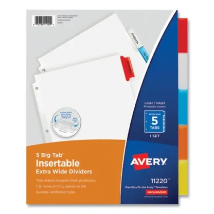 Avery® Insertable Big Tab Dividers, 5-Tab, Single-Sided Copper Edge Reinforcing, 11.13 x 9.25, White, Assorted Tabs, 1 Set