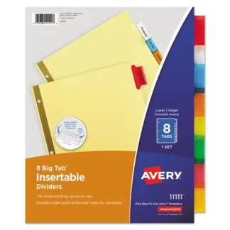 Avery® Insertable Big Tab Dividers, 8-Tab, Double-Sided Gold Edge Reinforcing, Buff, Assorted Tabs, 1 Set