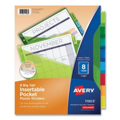 Avery® Insertable Big Tab Plastic 1-Pocket Dividers, 8-Tab, Assorted Colors, 1 Set