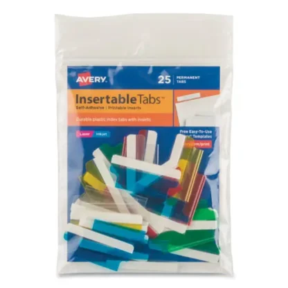 Avery® Insertable Index Tabs with Printable Inserts, 1/5-Cut, Assorted Colors, 1.5" Wide, 25/Pack