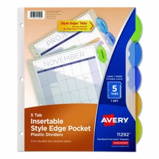 Avery® Insertable Style Edge Tab Plastic 1-Pocket Dividers, 5-Tab, Translucent, 11.25" x 9.25", 1 Set
