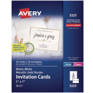 Avery® Invitation Cards with Metallic Border, Inkjet/Laser, Matte White, 80 lb Cardstock, 5 x 7, 2 Cards/Sheet, 15 Sheets/Pack