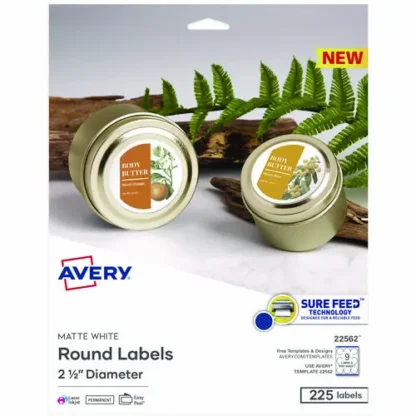 Avery® Laser/Inkjet Media Labels, 2.5" Diameter, Matte White, 9 Labels Per Sheet, 25 Sheets Per Pack