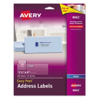 Avery® Matte Clear Easy Peel Mailing Labels with Sure Feed Technology for Inkjet Printers, 1.33" x 4", Clear, 14 Labels/Sheet, 25 Sheets/Pack