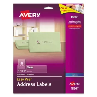 Avery® Matte Clear Easy Peel Mailing Labels w/ Sure Feed Technology, Inkjet Printers, Clear, 1" x 4", 20 Labels/Sheet, 10 Sheets/Pack