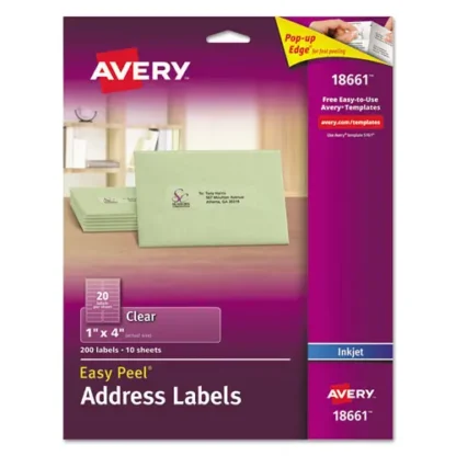 Avery® Matte Clear Easy Peel Mailing Labels w/ Sure Feed Technology, Inkjet Printers, Clear, 1" x 4", 20 Labels/Sheet, 10 Sheets/Pack