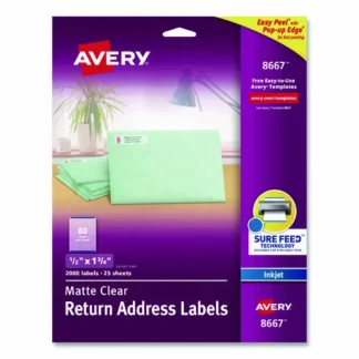 Avery® Matte Clear Easy Peel Mailing Labels with Sure Feed Technology for Inkjet Printers, 0.5" x 1.75", Clear, 80 Labels per Sheet, 25 Sheets per Pack