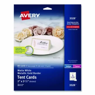 Avery® Matte White Metallic Gold Border Tent Cards, 3.5 x 2, 4 Cards/Sheet, 20 Sheets/Pack