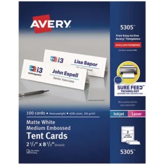 Avery® Medium Embossed Tent Cards, White, 8.5 x 2.5, 2 Cards/Sheet, 50 Sheets/Box