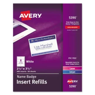 Avery® Name Badge Insert Refills, Horizontal/Vertical, 2 1/4" x 3 1/2", White, 400/Box