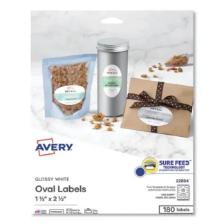 Avery® Oval Labels with Sure Feed and Easy Peel, 1.5 x 2.5, Glossy White, 180/Pack