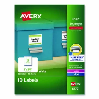 Avery® Permanent ID Labels with Sure Feed Technology, White, 2" x 2.63", 15 Labels/Sheet, 15 Sheets/Pack, For Inkjet & Laser Printers