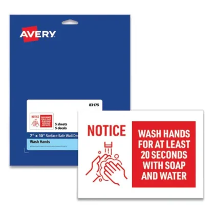 Avery® Preprinted Surface Safe Wall Decals, Wash Hands for at Least 20 Seconds, White/Red Face, Red Graphics, 5/Pack
