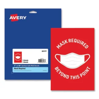 Avery® Preprinted Surface Safe Wall Decals, Mask Required Beyond This Point, Red Face, White Graphics, 5/Pack