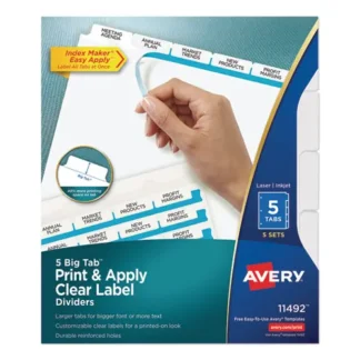 Avery® Print and Apply Index Maker Clear Label Dividers, Big Tab, 5-Tab, White Tabs, 11 x 8.5, 5 Sets