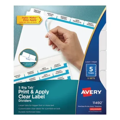 Avery® Print and Apply Index Maker Clear Label Dividers, Big Tab, 5-Tab, White Tabs, 11 x 8.5, 5 Sets