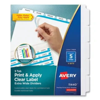 Avery® Print and Apply Index Maker Clear Label Dividers, Extra Wide Tab, 5-Tab, White Tabs, 11.25 x 9.25, 5 Sets