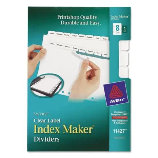 Avery® Print and Apply Index Maker Clear Label Dividers with Label Strip, White Tabs, 7-Hole Punched, 8-Tab, 8.5 x 5.5, White, 1 Set