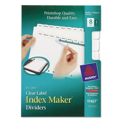 Avery® Print and Apply Index Maker Clear Label Dividers with Label Strip, White Tabs, 7-Hole Punched, 8-Tab, 8.5 x 5.5, White, 1 Set