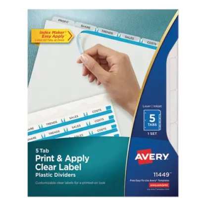 Avery® Print and Apply Index Maker Clear Label Plastic Dividers w/Printable Label Strip, 5-Tab, Frosted Clear Tabs